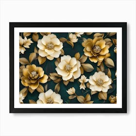 Luxury Floral Pattern With Flowers Elegant Texture Illustration Background In Golden, Green, White And Black Art Print