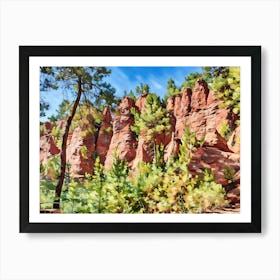 Ochres Land Majestic Cliffside Forest. This image showcases a stunning cliffside landscape adorned with lush green trees. The rocky formations exhibit a range of warm hues, from sandy yellows to deep reds, creating a striking contrast against the vibrant blue sky. The scene captures the beauty of nature's rugged terrain and the resilience of trees growing on steep, rocky surfaces. 3 Art Print