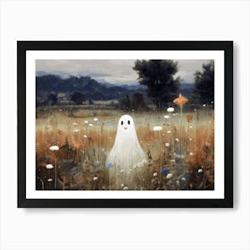 Happy Bedsheet Ghost In Flower Landscape Vintage Style, Halloween Spooky Art Print