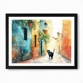 Black Cat In Latina, Italy, Street Art Watercolour Painting 3 Art Print