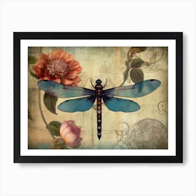  Dragonfly Botanical Illustration Flower Art Print