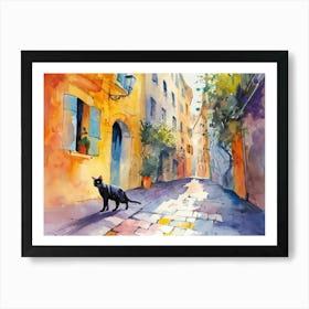 Nice, France   Cat In Street Art Watercolour Painting 1 Art Print