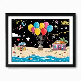 An Illustrated Idea Of A Birthday Party On The Beach Cartoon Valentine Balloons Hand Drawn Vector (4) Art Print