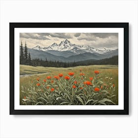 Vintage Oil Painting of indian Paintbrushes in a Meadow, Mountains in the Background 13 Art Print