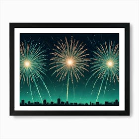 Abstract Digital Artwork Of Fireworks Exploding Over A Cityscape Against A Teal Night Sky Art Print