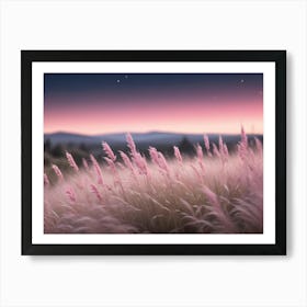 A Field Of Pink Grass Swaying Gently In The Wind Against A Backdrop Of A Soft Pink Sunset And Distant Mountains Art Print