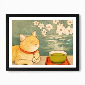 Yellow Cat, Green Tea And Sakura Art Print