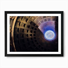 Oculus of the Pantheon. This image captures the interior view of the Pantheon’s dome, focusing on the oculus at its apex. The coffered ceiling, with its geometric patterns, is illuminated by natural light streaming through the oculus, creating a dramatic interplay of light and shadow. The oculus, a circular opening at the top of the dome, serves as the primary source of light for the Pantheon’s interior and symbolizes the connection between the temple and the heavens. Art Print