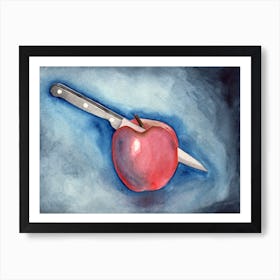 Knife In Apple Watercolor Painting Still Life Blue Red Kitchen Dining Horizontal Hand Painted Art Print