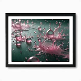 A Close Up Shot Of Pink Liquid Drops Splashing On A Green Surface, Creating A Dynamic And Abstract Scene Art Print