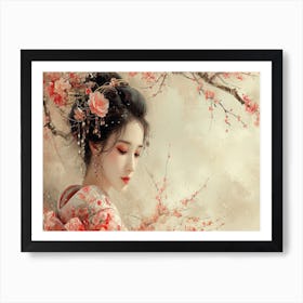 Geisha Grace: Elegance in Burgundy and Grey. Asian Girl Art Print