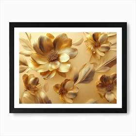 Golden Floral Background, Gold Flowers, 4k Abstract Vintage Flower Design, Artwork Gold Luxury, Luxurious Nature Art Print