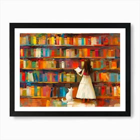 White Cat In The Library - Next To A Girl Art Print