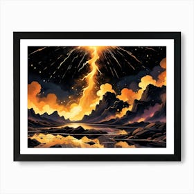 A Bolt Of Lightning Strikes The Ground Near A Lake Surrounded By Mountains, Illuminating The Dramatic Clouds And Landscape Art Print