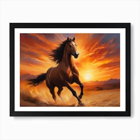 Beautiful Grown Brown Wild Mustang Running In Sand At A Sun Dawn - Color Painting Art Print