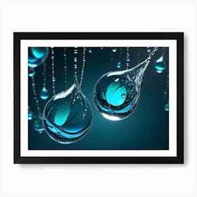 A Close Up Of Two Large, Blue Water Droplets Hanging From Thin Threads, With Smaller Droplets Falling Around Them Art Print