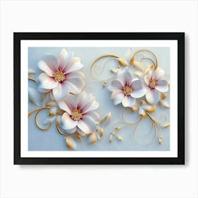 3d Art With White And Pink Flowers, Golden Swirls And Leaves On Light Blue Art Print