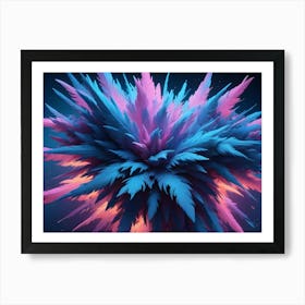 Exploding Burst Of Blue And Pink Feathers Against A Dark, Background, Resembling A Surreal Or Mystical Bloom Art Print