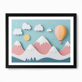 Hand Drawn Childish Art With Mountains, Balloons And Clouds Painting Art Print