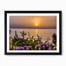 Serene Golden Sunset Over The Sea With The Wild Flowers 2 Art Print