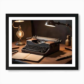 A Still Life Photo Of A Vintage Typewriter, An Open Notebook, Pens, And A Lamp On A Wooden Desk Art Print