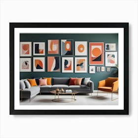 A Modern Living Room With A Gray Sectional Sofa, Two Coffee Tables, And A Gallery Wall Of Abstract Prints Art Print