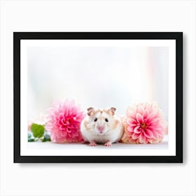 Hamster Nestled Amidst Pink Dahlias Bright Colors Dominating The Composition Set Against A Neutral Art Print