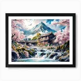 Mountain River and Cherry Blossom Art Painting #4 Art Print