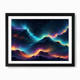 A Surreal Landscape Of Dark, Abstract Mountains Illuminated By Bursts Of Colorful, Glowing Energy Against A Starry Sky Art Print