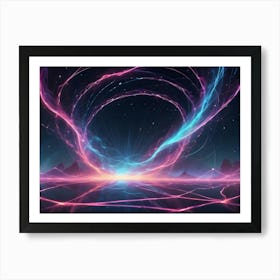 A Futuristic Landscape With Mountains And A Reflective Surface Is Illuminated By Swirling Neon Lights Forming A Circular Portal Or Vortex Art Print