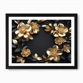 Gold Flowers On Black Background 10 Art Print