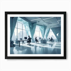 A Modern Office Space With Futuristic, Angular Architecture And Large Windows Overlooking A City Skyline Art Print