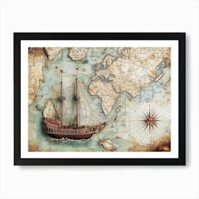 3d Art Design With An Old Ship Of Piri Reis Map Art Print