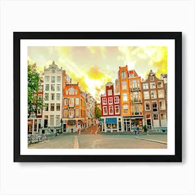 Traditional Dutch Old Houses In Amsterdam At Sunset, Netherlands Art Print