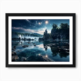 Night Sky With Waterfall Art Print