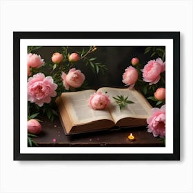 A Romantic, Still Life Image With A Book Open On A Wooden Table, Surrounded By Pink Peonies And A Lit Candle Art Print