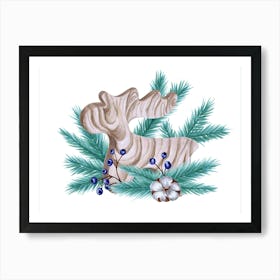 Christmas Composition With Wooden Deer, Blue Berries and Cotton Flower Art Print