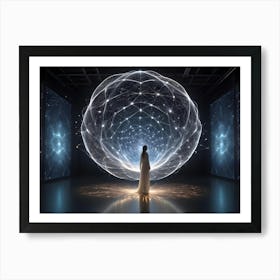 3d Rendering Of A Woman Standing In A Dark Room With A Glowing, Spherical Network Around Her Art Print