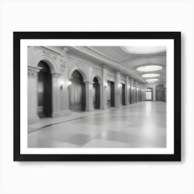 A Black And White Photograph Of A Long Hallway In An Elegant Building Art Print