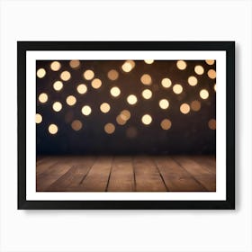 A Wooden Table With A Blurred Background Of Golden Bokeh Lights 1 Art Print