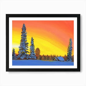 Winter Sunset In The Village Art Print