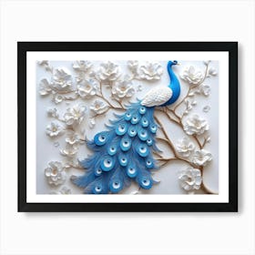 3d Artwork Background Blue Peacock on Branch Art with Flowers Art Print