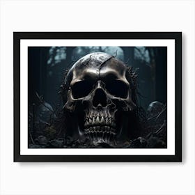 An Eerie Digital Render Of A Human Skull Its Gritted Teeth Showing A Glimpse Of The Dark Haunted N Art Print