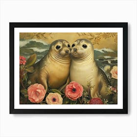 Floral Animal Illustration Elephant Seal 2 Art Print