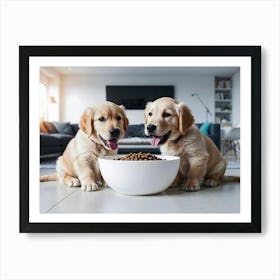 Golden Retriever Puppies eating Art Print