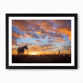 Lonely Horse At Sunset Oil Painting Landscape Art Print