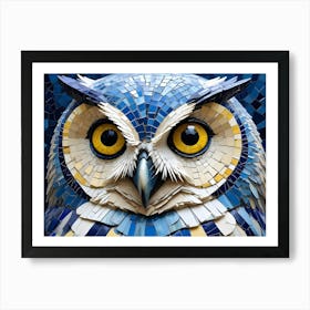 Close Up Of A Mosaic Owl Sculpture, Featuring Blue, Yellow, And White Tiles Art Print