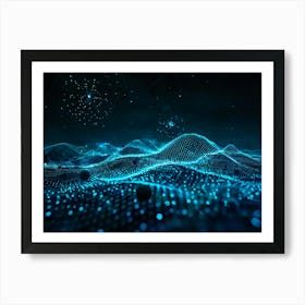 Abstract Digital Painting Portraying A Geometric Pattern Of Glowing Net Like Waves Traversing A Dot (2) Art Print