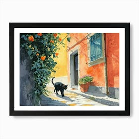 Black Cat In Rimini, Italy, Street Art Watercolour Painting 2 Art Print