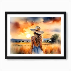 Country Girl Enjoy The Morning Sun -Watercolor Wash Painting Art Print